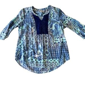 Kim Rogers XL Blue Paisley‎ Print 3/4 Sleeve Tunic Top with Lace Detail